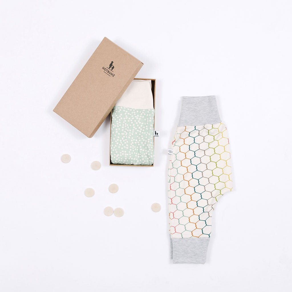 flatlay of baby pants gift set 