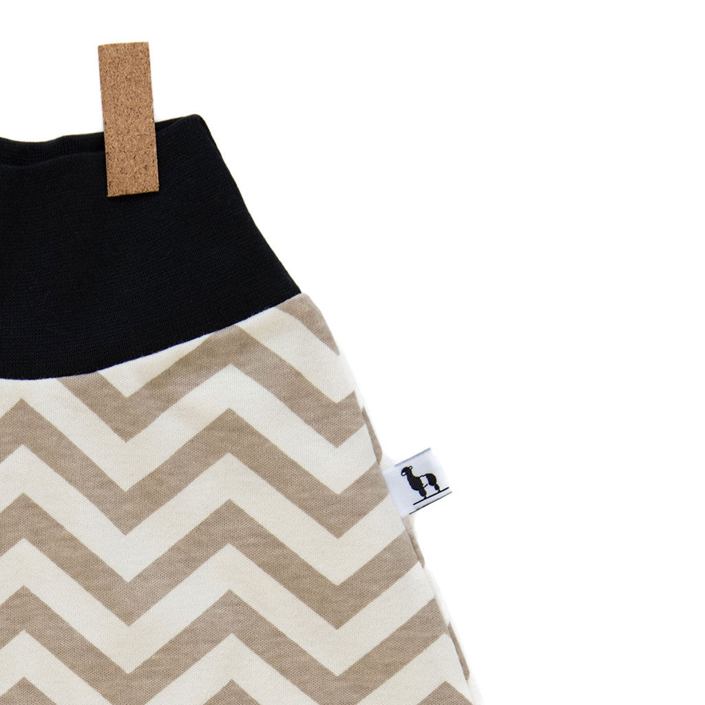 close-up of chevron baby pants with black waistband